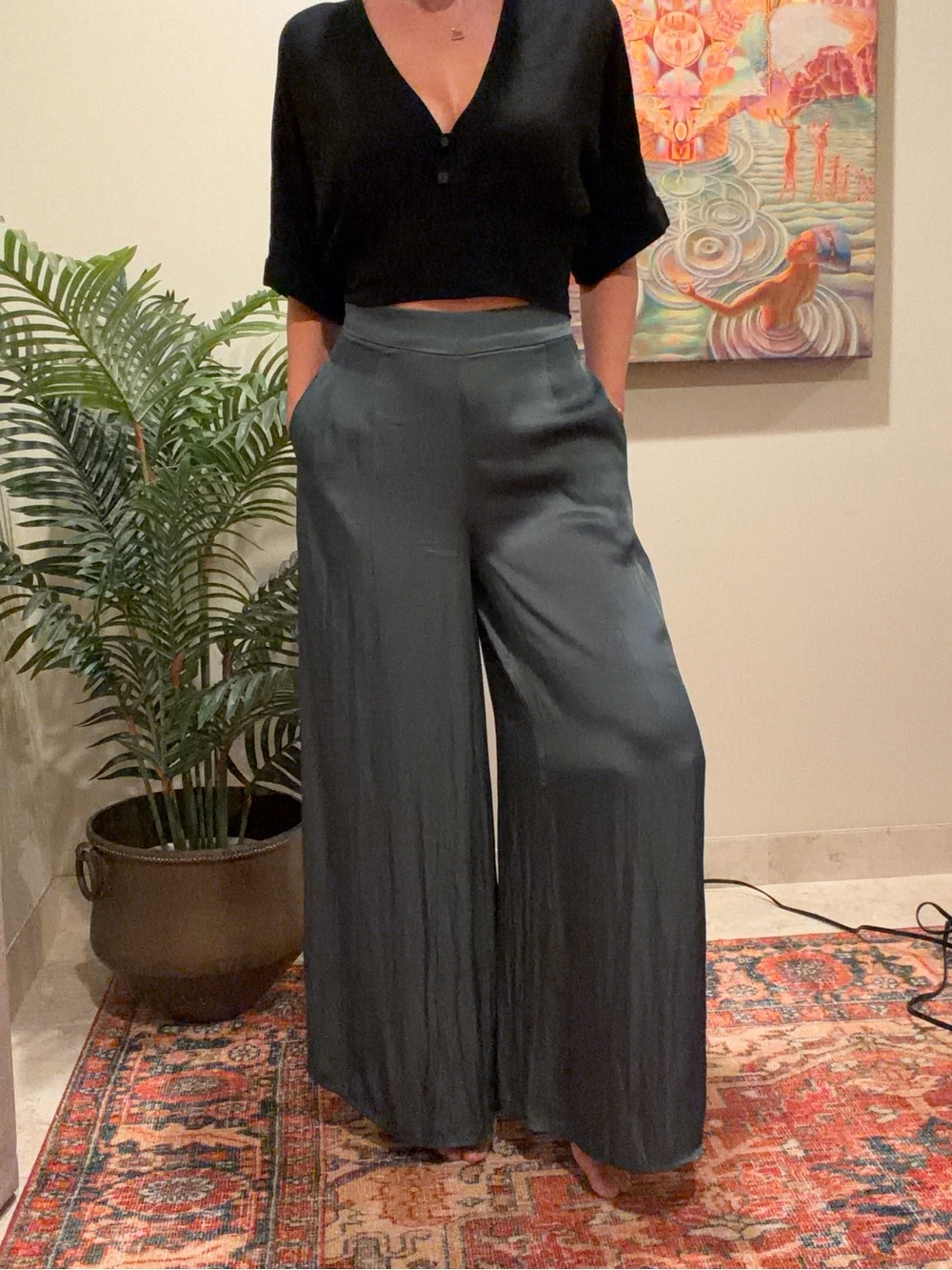 Wide Leg Satin Pants in Slate Green